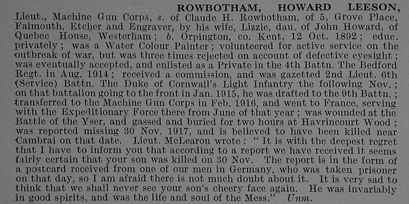 Rowbotham H L Lt Machine Gun Corps Obit De Ruvignys Roll Of Honour Vol 4