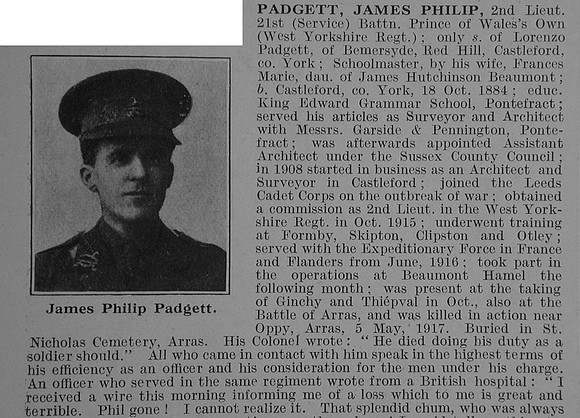 Padgett J P 2nd Lt 21st West Yorkshire Regiment Obit Part 1 De Ruvignys Roll Of Honour Vol 3