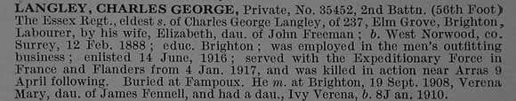 Langley C G Pte 35452 2nd Essex Regiment Obit De Ruvignys Roll Of Honour Vol 4
