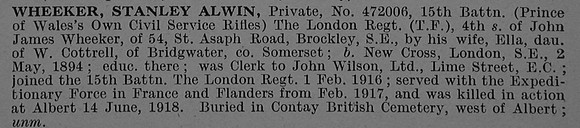 Wheeker S A Pte 472006 15th London Regiment Obit De Ruvignys Roll Of Honour Vol 4