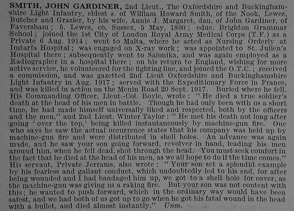 Smith J G 2nd Lt 6th Oxford and Bucks Light Infantry Obit De Ruvignys Roll Of Honour Vol 4