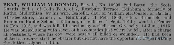 Peat W M Pte 10299 2nd Scots Guards Obit De Ruvignys Roll Of Honour Vol 1