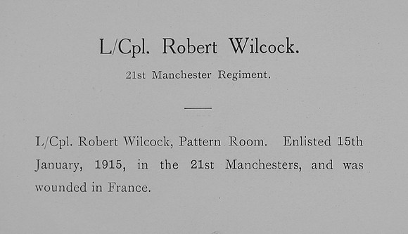 Wilcock R L/Cpl 21st Manchester Regiment Record William Graham Co Roll Of Honour