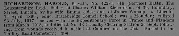 Richardson H Pte 42281 6th Leicestershire Regiment Obit De Ruvignys Roll Of Honour Vol 4