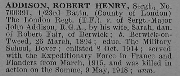 Addison R H Sergt 700391 23rd London Regiment Obit De Ruvignys Roll Of Honour Vol 4