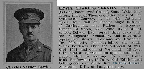 Lewis C V Lt 11th South Wales Borderers Obit De Ruvignys Roll Of Honour Vol 1