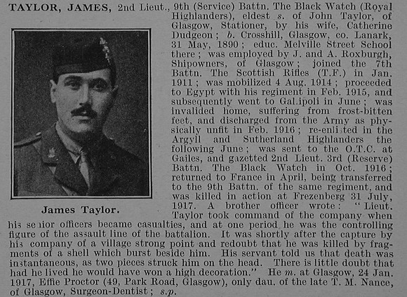 Taylor J 2nd Lt 9th Black Watch Obit De Ruvignys Roll Of Honour Vol 4