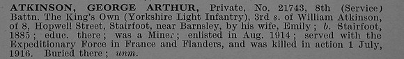 Atkinson G A Pte 21743 8th Kings Own Yorkshire Light Infantry Short Obit De Ruvignys Roll Of Honour Vol 4
