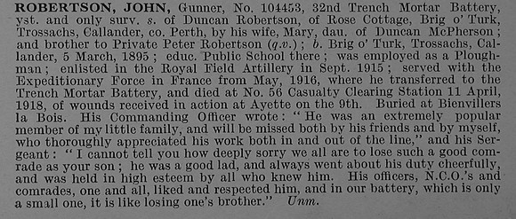 Robertson J Gnr 104453 Royal Field Artillery Obit De Ruvignys Roll Of Honour Vol 4