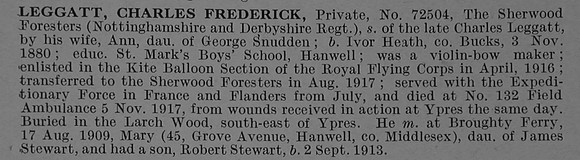 Leggatt C F Pte 72504 16th Sherwood Foresters (Notts and Derby Regiment) Obit De Ruvignys Roll Of Honour Vol 4