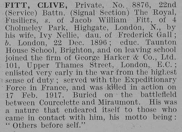 Fitt C Pte 22nd Royal Fusiliers Obit De Ruvignys Roll Of Honour Vol 3