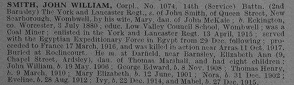 Smith J W Cpl 1074 14th York & Lancaster Regiment Obit De Ruvignys Roll Of Honour Vol 4
