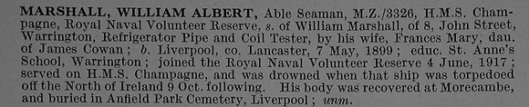 Marshall W A Ordinary Seaman Mersey Z/3326 H.M.S. Champagne Royal Naval Volunteer Reserve Obit De Ruvignys Roll Of Honour Vol 4