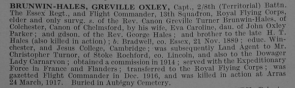 Brunwin-Hales G O Captain 8th Essex Regiment Attd Royal Flying Corps Obit De Ruvignys Roll Of Honour Vol 4