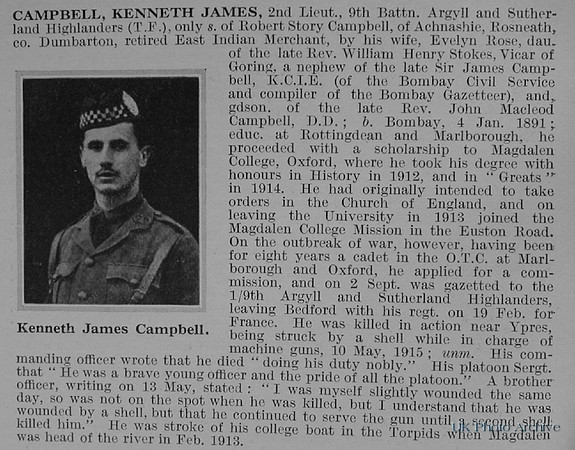 Campbell K J 2nd Lt 9th Argyll & Sutherland Highlanders Obituary De Ruvignys Roll Of Honour Vol 1