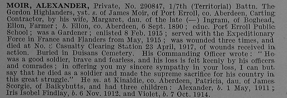 Moir A Pte 290847 7th Gordon Highlanders Obit De Ruvignys Roll Of Honour Vol 4