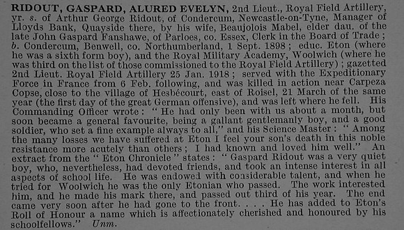 Ridout G A E 2nd Lt Royal Field Artillery Obit De Ruvignys Roll Of Honour Vol 4