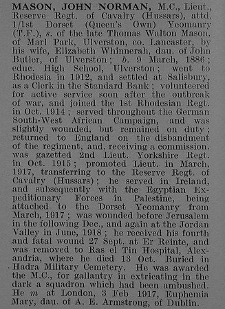 Mason J N Lt MC Dorset Yeomanry Obit De Ruvignys Roll Of Honour Vol 5