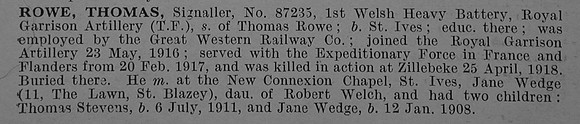 Rowe T Sig 87235 Royal Garrison Artillery Obit De Ruvignys Roll Of Honour Vol 4