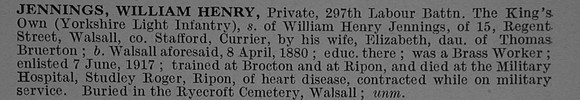 Jennings W H Pte Kings Own Yorkshire Light Infantry Obit De Ruvignys Roll Of Honour Vol 4