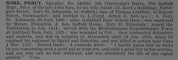 Sore P Sig 240265 5th Suffolk Regiment Obit De Ruvignys Roll Of Honour Vol 4