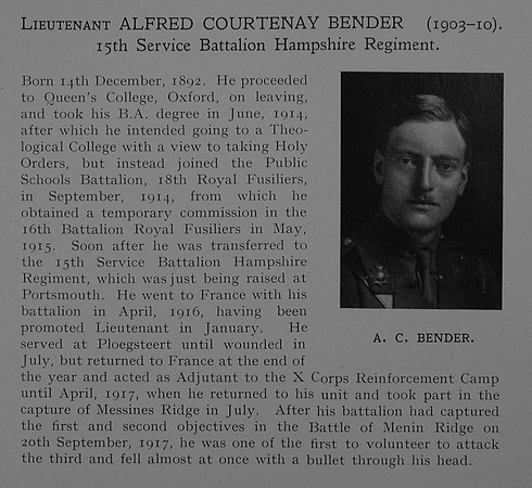 Bender A C Lt 15th Hampshire Regiment Obit Dulwich College Roll Of Honour