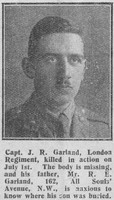Garland J R Captain 2nd London Regiment The Graphic 1st Aug 1916