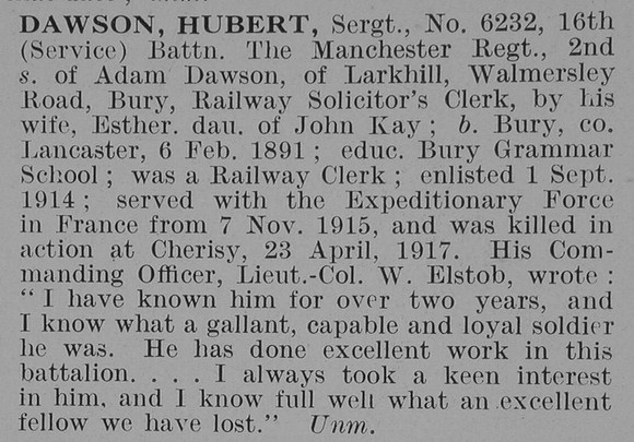 Dawson H Sergt 16th Manchester Regiment Obit De Ruvignys Roll Of Honour Vol 3