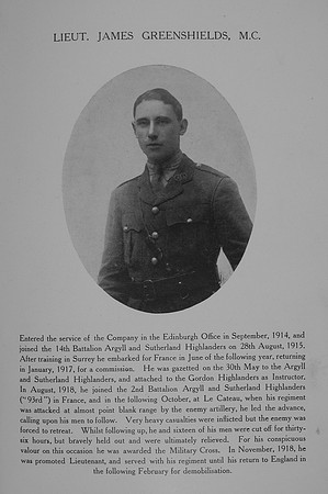 Greenshields J Lt MC 2nd Argyll Sutherland Highlanders Northern Assurance Co War Record