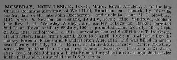 Mowbray J L Major DSO Royal Field Artillery Obit De Ruvignys Roll Of Honour Vol 4
