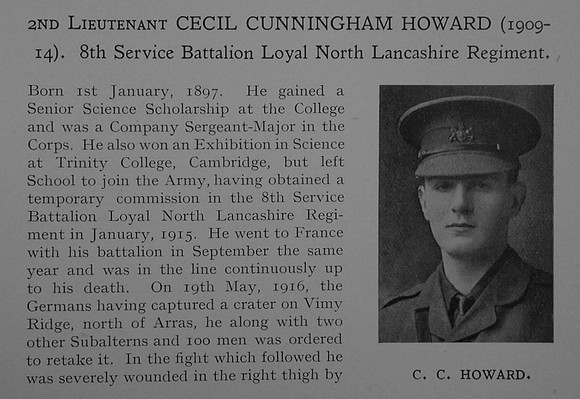 Howard C C 2nd Lt 8th Loyal North Lancashire Regiment Obit Part 1 Dulwich College Roll Of Honour