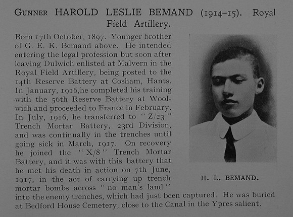 Bemand H L Gnr RFA Obit Dulwich College Roll Of Honour
