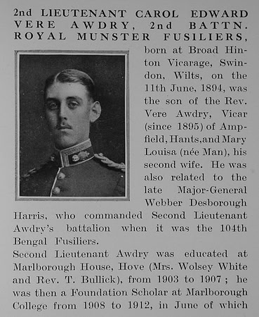 Awdry E V 2nd Lt 2nd Royal Munster Fusiliers Obit Part 1 The Bond Of Sacrifice Vol 1