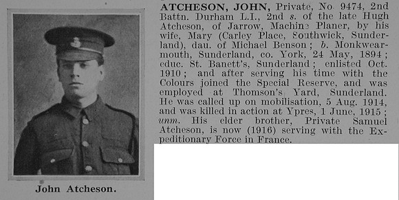 Atcheson J Pte 9474 2nd Durham Light Infantry Obit