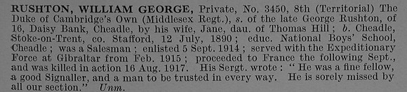 Rushton W G Pte 3450 8th Middlesex Regiment Obit De Ruvignys Roll Of Honour Vol 4