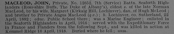 MacLeod J Pte 12652 7th Seaforth Highlanders Obit De Ruvignys Roll Of Honour Vol 4