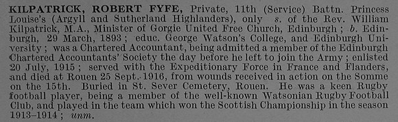 Kilpatrick R F Pte 12326 11th Argyll and Sutherland Highlanders Obit De Ruvignys Roll Of Honour Vol 4