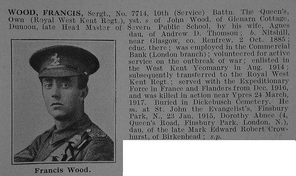 Wood F Sergt 7714 10th Queens Own Royal West Kent Regiment Obit De Ruvignys Roll Of Honour Vol 3