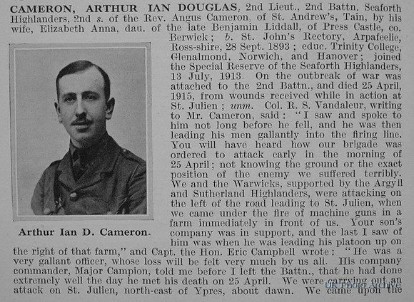 Cameron A I D 2nd Lt 2nd Seaforth Highlanders Obituary Part 1 De Ruvinys Roll Of Honour Vol 1