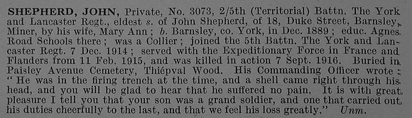Shepherd J Pte 3073 5th York & Lancaster Regiment Obit De Ruvignys Roll Of Honour Vol 4