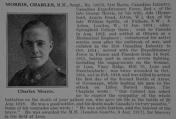 Morris C Sergt MM 59676 21st Canadian Infantry (Eastern Ontario Regiment) Obit De Ruvignys Roll Of Honour Vol 5