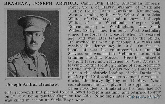 Brashaw J A Captain 16th AIF Obit De Ruvignys Roll Of Honour Vol 1