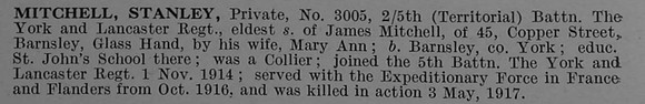 Mitchell S Pte 3005 5th York & Lancaster Regiment Short Obit De Ruvignys Roll Of Honour Vol 4