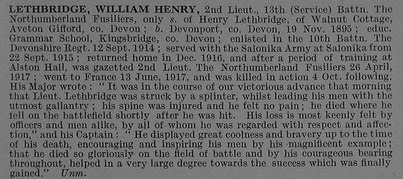 Lethbridge W H 2nd Lt 13th Northumberland Fusiliers Obit De Ruvignys Roll Of Honour Vol 4