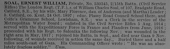 Soal E W Pte 530345 15th London Regiment Obit De Ruvignys Roll Of Honour Vol 4