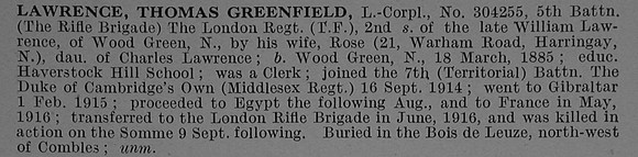 Lawrence T G L/Cpl 304255 5th London Regiment (London Rifle Brigade) Obit De Ruvignys Roll Of Honour Vol 4