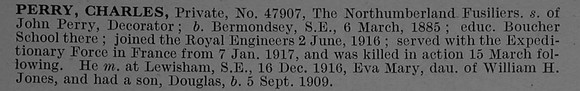 Perry C Pte 47907 27th Northumberland Fusiliers (Tyneside Irish) Short Obit De Ruvignys Roll Of Honour Vol 4