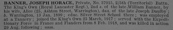Banner J H Pte 37015 5th Kings Own Royal Lancaster Regiment Obit De Ruvignys Roll Of Honour Vol 4