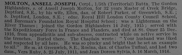 Molton A J Cpl 5th Gordon Highlanders Obit De Ruvignys Roll Of Honour Vol 4