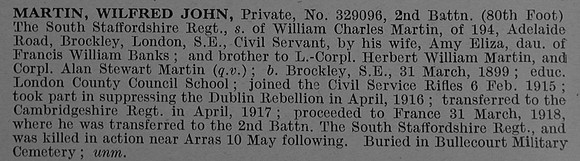 Martin W J Pte 329096 2nd South Staffordshire Regiment Obit De Ruvignys Roll Of Honour Vol 4